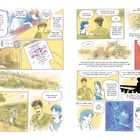 Textausschnitte wie "NEUES LEVEL", "Omar, hast du gehört", "Danke Brad", "Info24", "Bist du sicher, Omar?". Dazwischen sind Illustrationen von Menschen und Landschaften in sanften Farben.