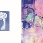 Links: unscharfe Form eines Pilzes auf blassem Hintergrund. Rechts: bunte, abstrakte Malerei in Rosa und Blau.