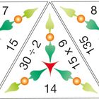 Matheaufgaben: 17x7, 8x19, 30÷2, 6x9. Bunte, geometrische Muster in Dreiecken.