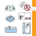 13. Illustration von Wasserhähnen, Waschbecken und Dusche. Rauchen verboten-Symbol. Toiletten- und Bettsymbol.