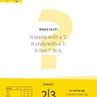 „WHAT IS IT?“ startet und endet mit T. Kalender: Januar, 2|3, Samstag|Sonntag. Quiz-Sektion mit gelbem Hintergrund.