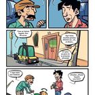 Comic mit 6 Panels. Dialoge über Hotels, Fahrtkosten, Trinkgeld und Fotos. Ein Taxi, zwei Personen, Koffer und Kamera.