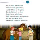 Seite 6. Titel: "Doppelte Aufregung". Dialog über Cleopatras Teilnahme an einer Araber-Schau. Zwei Mädchen flechten eine Pferdemähne ein.