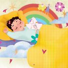 Text unten: "69". Ein Kind schläft friedlich im Bett mit Regenbogen, Blumen und Sternen umgeben.