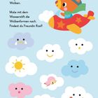 "Fuchs Finn fliegt durch die Wolken. Male mit dem Wasserstift die Wolkenformen nach. Findest du Freundin Rosi?" Illustration von Fuchs in rotem Flugzeug und bunte, fröhliche Wolken.