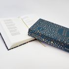 „Deutsche Gedichte“ auf einem blau-gold gepunkteten Buch, liegend und offen.