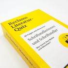 "Reclams Literatur-Quiz: Schriftstellerinnen und Schriftsteller. Wer kennt ihre Werke und Marotten?" Gelbes Kartonspiel, schwarze Schrift.