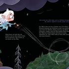 Eine Zahnfee mit weißem Haar fliegt im Nachthimmel über einem düsteren Wald, begleitet von funkelnden Sternen.