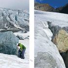 Links: Ein Bergsteiger lehnt an einem großen Felsen auf einem Gletscher. Rechts: Ein Felsen in einer Gletscherspalte.