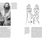 Links: "Ainu-Familie, um 1920." Rechts: Zeichnungen von Tattoomustern mit Symbolen auf Händen und Armen.