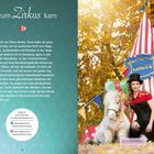 "Wie ich zum Zirkus kam" steht groß, begleitet von nostalgischem Text über Zirkuserinnerungen. Links: Text, rechts: Frau mit Pony.