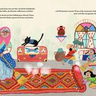 Text: Einladung der Enkelkinder zum Frühjahrsputz. Illustration: Eine lächelnde ältere Frau fegt, Kinder helfen fröhlich.