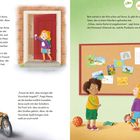 Links Text über Anna, die zur Kita gehen will. Rechts Ben, der Anna einen Stein gibt. Beide stehen vor einer Pinnwand.