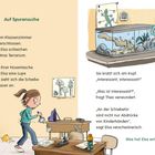 „Auf Spurensuche“. Theo und Elsa untersuchen ein Terrarium im Klassenzimmer mit Lupe. Elsa findet Spuren an der Scheibe.