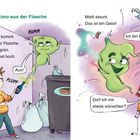 Links: „Etwas kommt aus der Flasche. Es ist grün." Ein Kind lässt einen grünen Geist aus einer Flasche. Rechts: „Ich bin Limo."