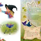 „Schon zaubert Hexchen Rina weiter: ‚Simsalapokus‘ ... Ein Rauschen geht durch die Baumkrone ... Für dich: Hilfst du auch mit?" Vergleichbare Illustrationen: Hexe mit Hut, sprechende Fledermaus.