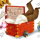 Texte: „Der Bär hier brüllt, der Bär hier knurrt...“  
Illustration: Ein Mann halb in einer Kiste, umgeben von Bären.