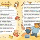 „Los geht’s!“ in einem gelben Pfeil. Zeichnung eines kleinen Hamsters und seines Papas, der ihn zur Schule bringt.