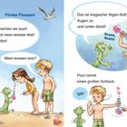 Text: "Flinke Flossen", "Jetzt machen wir euch erst mal meer-wasser-fest!", "Meer-wasser-was?", "Das ist magischer Algen-Saft." Illustration: Ein Junge, ein Mädchen und ein kleiner Drache am Strand mit einer Potion.