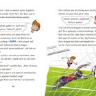 Seite 44: Ein Junge denkt: "Oh, Kopfball wollte ich auch noch ausprobieren. Vielleicht jetzt?!" Später: "Ganzen Quatsch weglassen! Einfach spielen!" Illustration zeigt Fußballszene mit Torwart und schießendem Spieler.