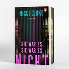 Buchtitel „SIE WAR ES. SIE WAR ES NICHT“. Autorin: NICCI CLOKE. Thriller. Spiegelbild einer Person in Streifenoptik. Logo oben.