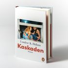 Ein Buch mit dem Titel "Kaskaden" von Louise K. Böhm. Oberhalb ist ein Gemälde von zwei Personen am Fenster.