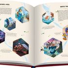 Ein aufgeschlagenes Buch mit den Kapiteln "Die Hexwell-Insel" und "Hartes Training", bebildert mit Illustrationen von Figuren und Landschaften.