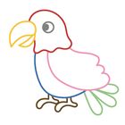 Eine bunte, lineare Illustration eines Vogels mit einem gelben Schnabel und roten, blauen, pinken Konturen.