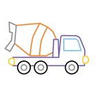 Keine Texte vorhanden. Illustration eines stilisierten Zement-LKWs mit bunten Linien und einfachen Formen.