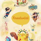 Kreativität in einer Sprechblase. Kinder verkleidet als Superheld, Pirat, mit Noten, Geschenken, Maschine und Glühbirne. Verspielt.