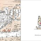 Links: "Erste Gespräche", Geräusche wie "BBLLLRRRZZZ". Eine Frau mit Kinderwagen und ein Hund. Rechts: "Meinst du, er hat mich schon ein bisschen lieb?", eine Frau hält ein Baby, ein Mann malt.