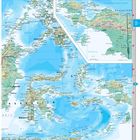 Landkarte von Südostasien, Indonesien im Zentrum, Pazifischer Ozean, Neuguinea im Osten, Philippinen im Norden.