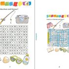 "Findest du im Gitterrätsel zwölf Nomen?" Daneben Illustrationen: Shorts, Angel, Kamera, Buch, Muschel, Sonnenbrille, Sonnencreme.