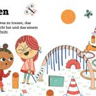 „Sich trauen“ steht oben. Es folgt ein Zitat über Mut. Kinder und ein Hund absolvieren einen Hindernisparcours.