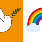 Text: „Gott ist immer bei mir. Nach Josua 1,9.“ Illustrationen: Wolke, Arche, Taube, Regenbogen, Fuchs.