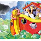 Illustration einer Arche auf stürmischer See mit Tieren und Regenbogenwetter; bunte und fröhliche Darstellung.