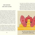 Text: "DER GROSSE UND DER KLEINE". Illustration: Eine Person in roter Kleidung sitzt auf Stufen mit großen Schuhen.