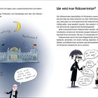Texte: Volksvertretung, Parlament, Bundestag (bei Nacht), "Hier wird immer noch über das neue Gesetz abgestimmt!" 
Illustration zeigt: eine Karikatur des Reichstagsgebäudes und eine humorvolle Szene mit zwei Personen, einer mit einem Regenschirm.