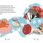 Text beschreibt Waldtiere im Winterschlaf, die für ein Weihnachtsfest erwachen. Illustration mit Fuchs, Maus, Dachs, Eichhörnchen und Biene, alle schlafend mit Decken.