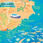Illustration einer Karte von Ibiza mit Orten wie "Sant Eulalia", "Casino de Ibiza" und Fischen im Meer.
