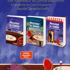 Drei Bücher von Pierre Martin auf lilafarbenem Hintergrund, darunter „Spiegel Bestseller Platz 1“. Ein Café-Tisch mit Wein-Glas.