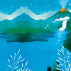 Illustration: Ein eruptierender Vulkan, ein Wasserfall, Berge und ein See mit funkelnden Sternen.