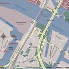 Karte mit Orten wie "SAALE-HAFEN", "VEDDEL", "Norderelbe". Straßen und Brücken sind ersichtlich; blau und beige Flächen.