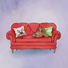 Illustration: Ein rotes Sofa mit zwei Kissen, eines mit Blume, daneben ein Plüsch. Hintergrund in sanftem Lila.