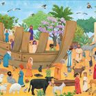 "Noah baut eine Arche. Gott sagt zu Noah, die Menschen sind böse. Suchspiel: Finde Ziege, Katze, Blume, Schaf, Hund."