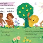 "Gott macht die ersten Menschen. Das ist Adam. Und das ist Eva." Adam und Eva sind mit Tieren in einem blühenden Garten.