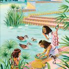Illustration von Menschen am Flussufer, mit Enten und Pflanzen. Eine Frau hält ein Baby in einem Korb, umgeben von bunten Stufen.