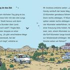 Text: "Der Weg ist das Ziel", Wegbeschreibung zu Wüstenstadt. 

Illustration: Auto mit Personen auf Wüstenstraße, Wegweiser, Bäume, Berge.