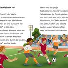 Text über Franzi beim Fußballspiel. Kinder spielen auf dem Fußballplatz, Zuschauer jubeln auf der Tribüne.