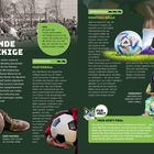 **DAS RUNDE FÜRS ECKIGE** und **HIGH­TECH-BÄLLE** mit Infos über Fußbälle. Bild eines klassischen Balls und eines Mädchens mit Fußball.